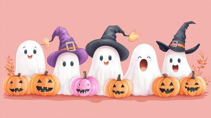 Cute cartoon Halloween characters, friendly ghosts and witches, pastel colors, child-friendly design, vector art style