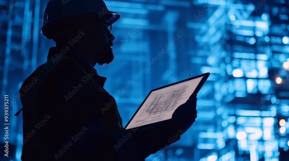 Poster silhouette of an engineer using a tablet in a high tech environment with blue lighting
