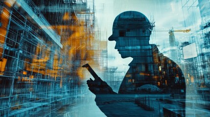 Silhouette of an engineer at a construction site with blurred background, symbolizing technology and industry development.