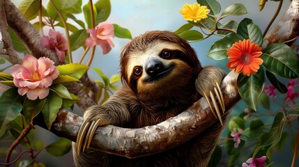 Fototapeta premium Adorable sloth hanging on tree branch surrounded by vibrant flowers in a lush, colorful setting, perfect for nature and wildlife themes.