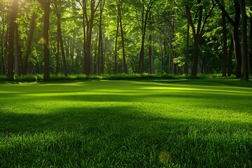 Obraz premium Beautiful golf course with green grass and sunlight in the morning