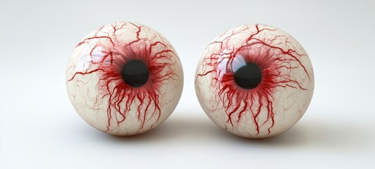 A pair of fake eyeballs with realistic red veins, placed on a clean white background for a creepy Halloween effect