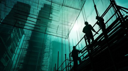 Silhouette of construction workers working on scaffoldings with high-rise building in background, captured at sunset with teal hues.
