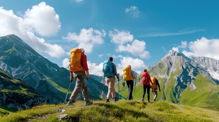 Fototapeta premium Group of hikers with backpacks exploring scenic mountain landscape under a clear blue sky, enjoying adventure and nature together.
