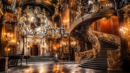 Fototapeta premium Intérieur d'un palais gothique sculpté avec un escalier en colimaçon, évoquant la richesse