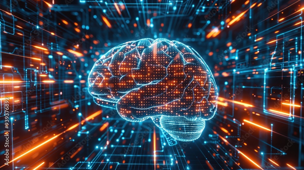 Poster 3D rendering of an AI brain floating in the center, surrounded by glowing data streams and holographic elements representing advanced technology. Generative AI.