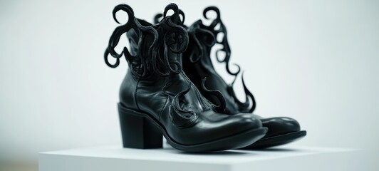 A pair of spooky black witch boots with curled toes