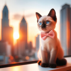 Lifestyle portrait photography of a happy siamese cat scratching against a captivating sunset