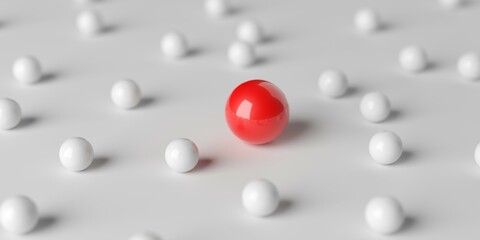 Large red sphere in group of white spheres on white background, leader, team or success business concept