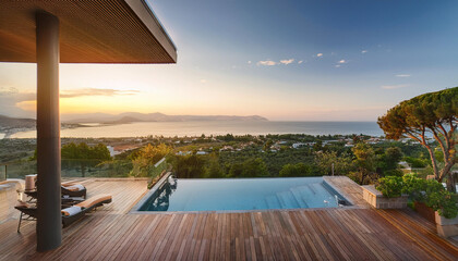 A beautiful view of the ocean and a pool with a wooden deck