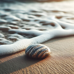 Close-up of a sandy beach with smooth pebbles and seashells scattered along the shore