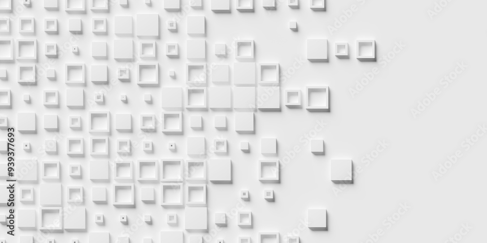 Poster random scaled white cube boxes or blocks background with some open fading out wallpaper banner with 