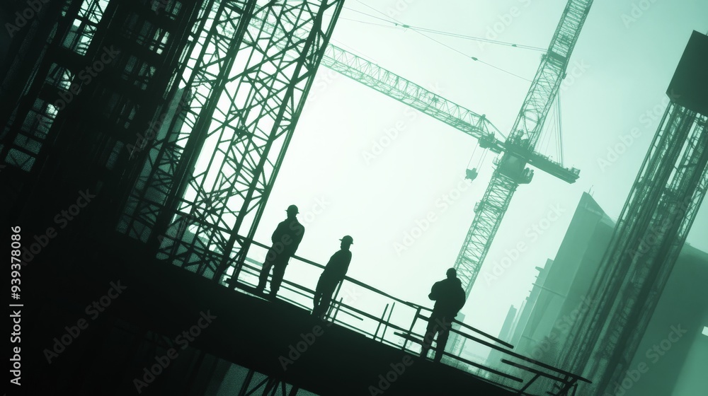 Poster silhouettes of construction workers on a building site, with cranes and scaffolding in the backgroun