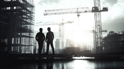 Fototapeta premium Silhouetted workers at a construction site with cranes and buildings in the background during sunset, symbolizing urban development.