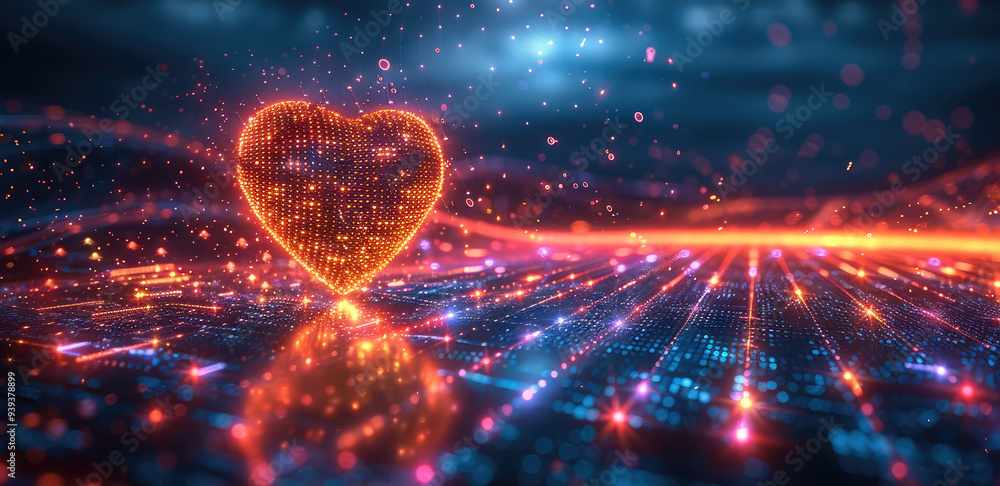 Aufkleber The bright lines form the background of communication technology and the internet, and a heart beats. Generative AI.