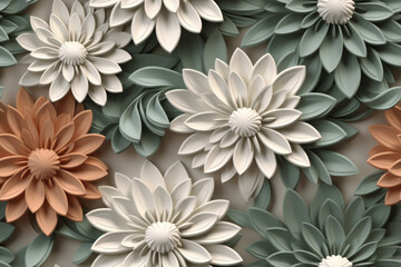 Obraz premium A seamless pattern of 3D paper flowers in shades of white, peach, and green.