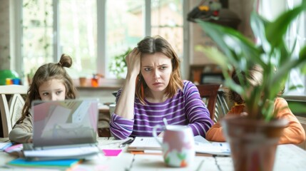 The stressed mother with kids