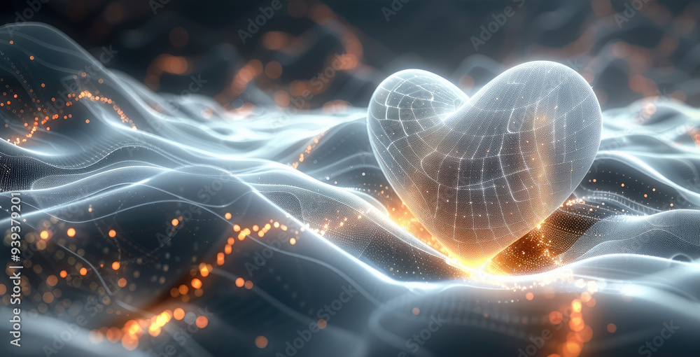 Aufkleber The bright lines form the background of communication technology and the internet, and a heart beats. Generative AI.