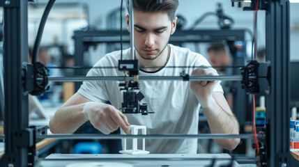 A modern prototyping lab where engineers are using 3D printers to create and test new designs. A young male engineer is in focus, removing a freshly printed component from the printer