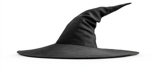 A witch hat with a classic pointed tip and a wide brim, made of solid black fabric, set on a white background