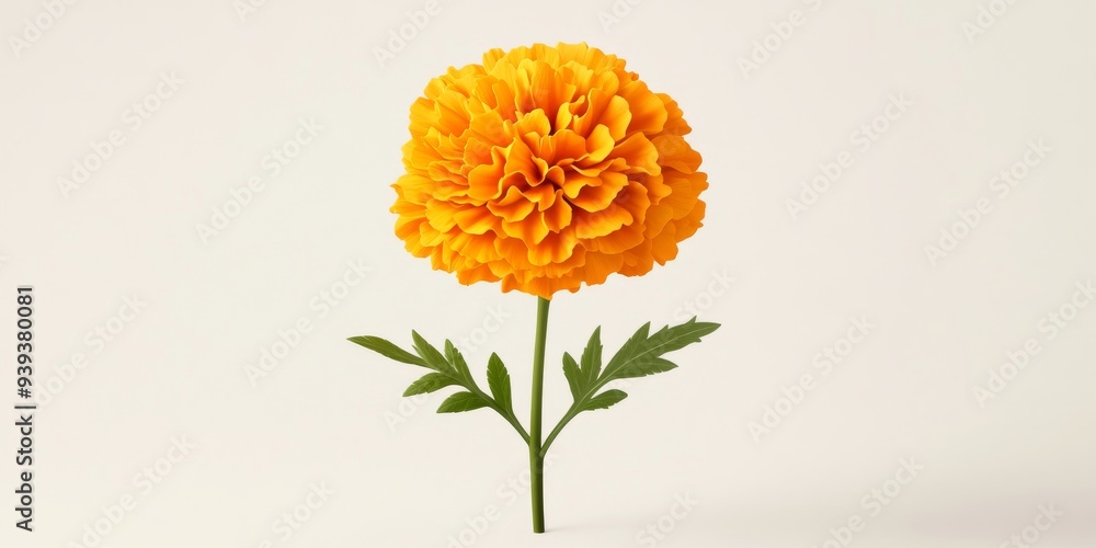 Poster a 3d single icon of a vibrant orange marigold with layered petals and a green stem rendered in a sim