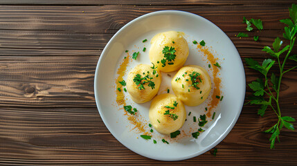 Delectable duchess potatoes topped with a zesty parsley garnish, presented on a rustic wooden table