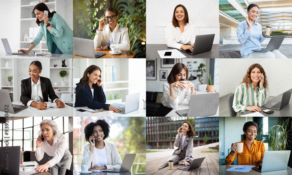 Poster a varied group of women interacts with technology while working remotely, showcasing their dedicatio