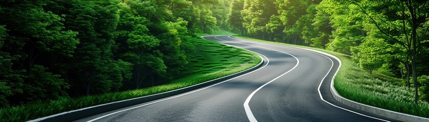 Curving road through a lush green forest, showcasing serene nature and inviting scenery for a peaceful drive or walk.