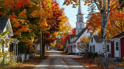 Naklejka premium A picturesque New England village in the fall, with vibrant autumn leaves in shades of red, orange, and yellow. The scene features quaint colonial-style houses, a white steeple church.