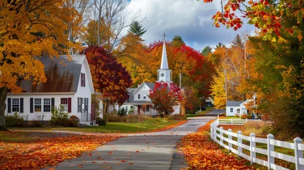 Fleecedeken met foto A picturesque New England village in the fall, with vibrant autumn leaves in shades of red, orange, and yellow. The scene features quaint colonial-style houses, a white steeple church. © Swaroop