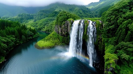 Fototapeta premium Scenic waterfall plunging into a pristine lake surrounded by lush, vibrant greenery and mountains with misty clouds above.