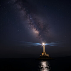 Lighthouse under starry sky with Milky Way in background