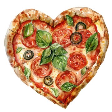 recommend clip art: Heart-shaped pizza illustrated in watercolor, featuring pepperoni and basil, depicted in clip art style on a white background for a charming and appetizing visual.