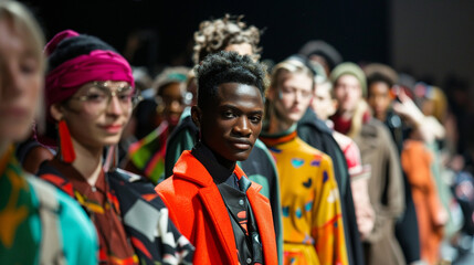A fashion show featuring gender-neutral clothing, with models of all genders walking the runway confidently. The atmosphere is modern and inclusive, with a diverse audience