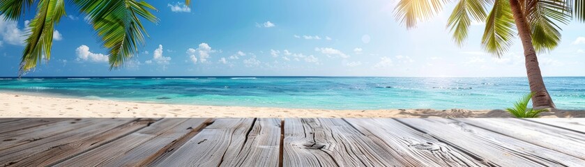 Fototapeta premium Scenic tropical beach with palm trees and wooden deck, clear blue sky, and turquoise ocean waves on a sunny day, perfect for relaxation.