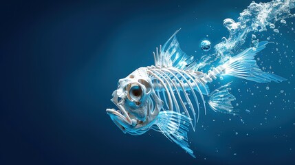 Obraz premium Detailed underwater scene showcasing a digital fish skeleton with clear scales and bubbles, highlighting marine biology and digital artistry.