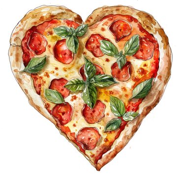 recommend clip art: Heart-shaped pizza illustrated in watercolor, featuring pepperoni and basil, depicted in clip art style on a white background for a charming and appetizing visual.