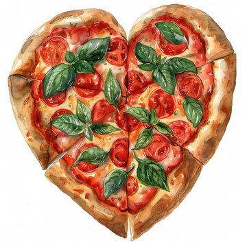 recommend clip art: Heart-shaped pizza illustrated in watercolor, featuring pepperoni and basil, depicted in clip art style on a white background for a charming and appetizing visual.