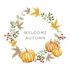 Autumn wreath, yellow pumkins, red berries, maple leaves, white background. Print for t shirt, poster, with text. Vector illustration. Fall floral arrangement. Design template greeting card