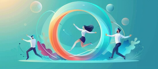 Business Illustration of Three People Running Through a Digital Portal
