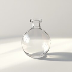 Clear glass bottle with a round body and a flat, wide top, isolated on a white background.