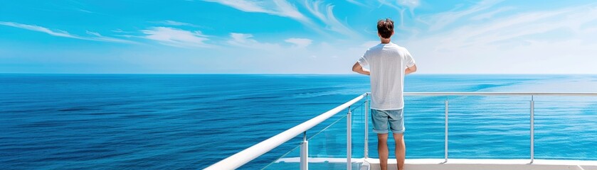 Fototapeta premium Man admiring ocean view from a cruise ship balcony, enjoying a serene and peaceful moment under a clear blue sky while on vacation.