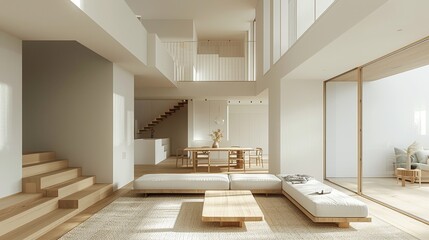 Serene Muji Style Minimal Living Room with White and Light Wood Elements in Open-Plan Space