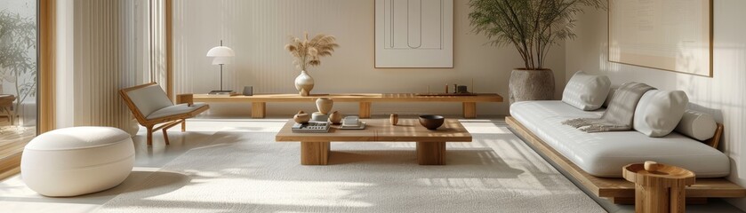 Serene Muji-Inspired Minimal Living Room with White and Light Wood Elements in Open-Plan Layout