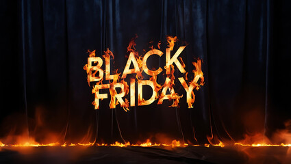 The words “BLACK FRIDAY” engulfed in flames against a dark background, symbolizing the intensity and heat of the shopping event