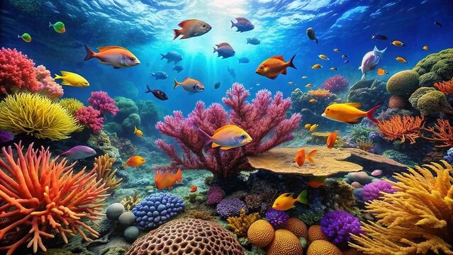 Vibrant marine ecosystem abounds with diverse fish species, swaying sea fans, and brain coral formations, immersing viewers in an underwater 360-degree virtual reality experience.