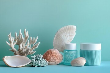 An eco-conscious skincare packaging crafted from recycled ocean plastics, displayed with coral and seashells, featuring cool, oceanic tones to highlight sustainability and marine conse