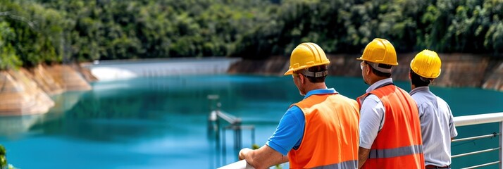 Engineers in safety gear inspecting a reservoir surrounded by forest, ensuring proper infrastructure and environmental standards.