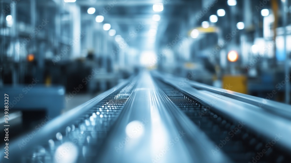 Aufkleber a blurred view of an industrial setting with a focus on a long metallic surface.