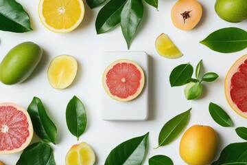 Naklejka premium Modern and clean image of minimalist skincare packaging featuring organic shapes, arranged on a white background with fresh fruits and leaves, emphasizing bright tones and natural beauty. 